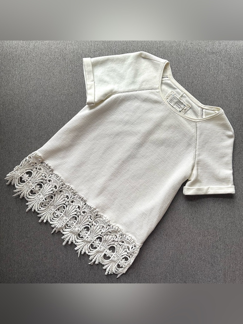 Anthropologie Saturday Sunday White Short Sleeve Crochet Boho Blouse Top XS